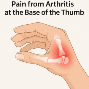 Medical illustration showing the location of pain caused by CMC joint arthritis at the base of the thumb, highlighting inflammation near the thumb’s saddle joint.