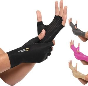 Copper Compression fingerless arthritis gloves for hand pain relief, carpal tunnel, and joint support — shown in multiple colors and sizes
