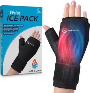 AllSett Health hot and cold wrist ice pack wrap for carpal tunnel, arthritis, and hand pain relief — shown on hand with packaging.