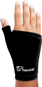 TheraICE compression and cold therapy sleeve worn on hand for arthritis, carpal tunnel, and wrist pain relief.