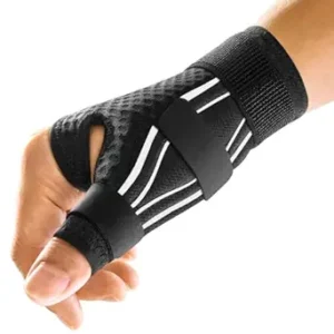 Black thumb spica brace with white accents supporting the thumb and wrist, designed to relieve pain from arthritis or injury.