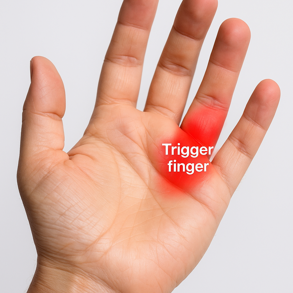 Photograph showing the location of pain from trigger finger, focused on the base of the finger and palm area of an adult hand.