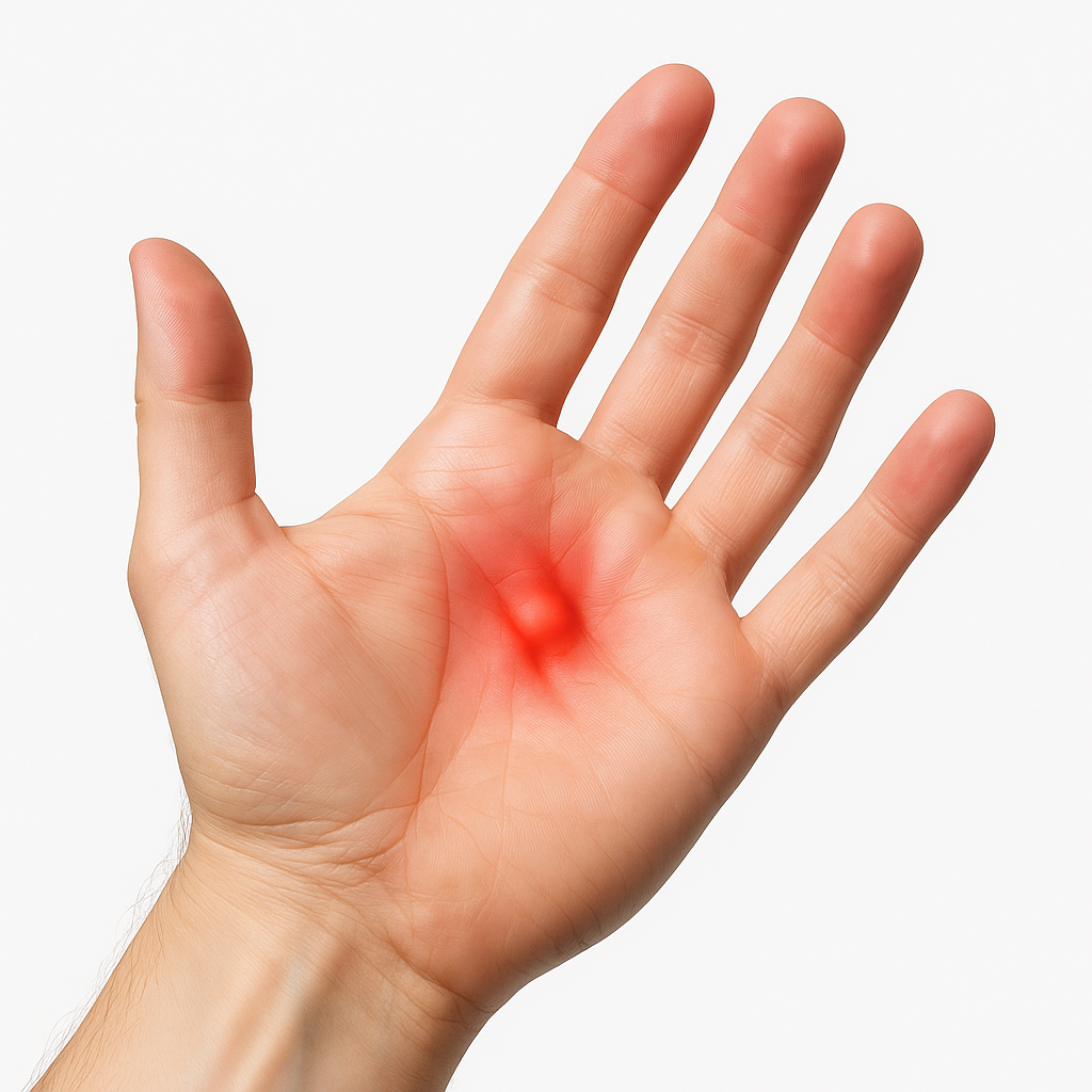 Photograph showing the location of pain from trigger finger, focused on the base of the finger and palm area of an adult hand.