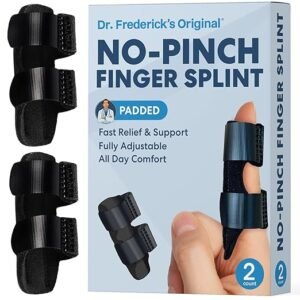 Two adjustable black finger splints and product packaging for Dr. Frederick’s No-Pinch Finger Splint, designed for trigger finger and tendon support—an effective option among hand braces for pain relief.