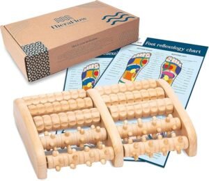 TheraFlow wooden foot massager roller for plantar fasciitis and neuropathy relief — also great for deep tissue massage on hands, feet, and arches.