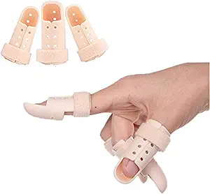 Set of three adjustable mallet finger splints shown on hand, used to treat fingertip injuries by keeping the finger fully extended during healing.