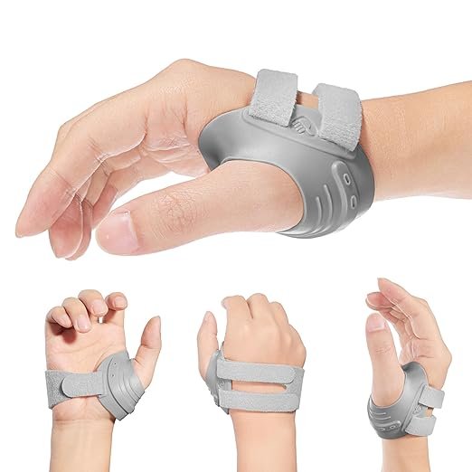 Multiple views of a gray ergonomic thumb splint providing thumb arthritis support and CMC joint stabilization for pain relief.
