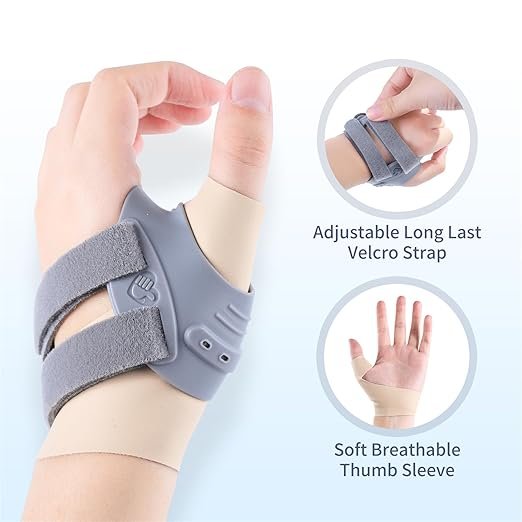 Hand wearing a gray ergonomic thumb splint with adjustable Velcro strap and breathable sleeve providing thumb arthritis support and CMC joint stabilization